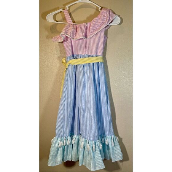 Rare Editions Little Girls Ruffle Neckline Color Block Maxi Seersucker Dress 5 - Picture 3 of 9